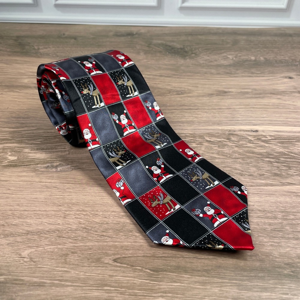 Noel Mens Christmas Tie Checkered Santa Reindeer Novelty Holiday Necktie